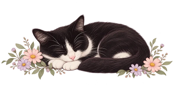 A black-and-white cat curled up among pink and lilac flowers